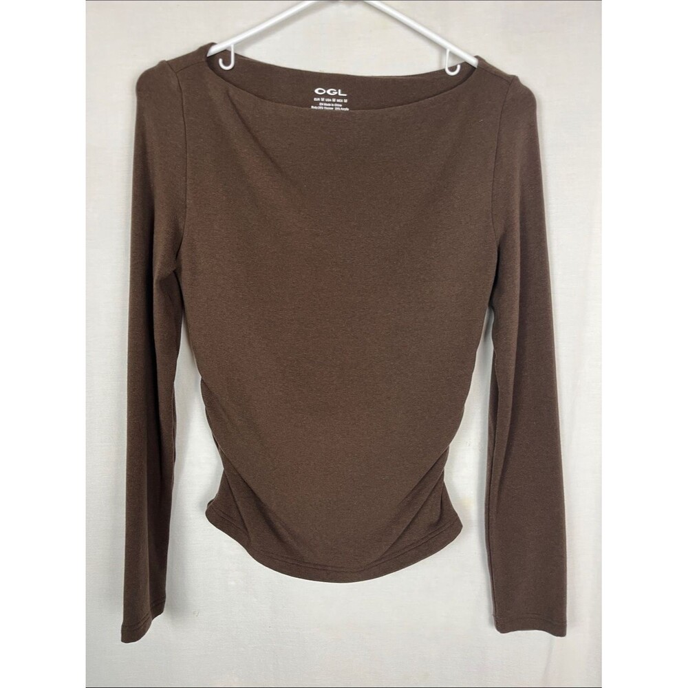 OGL Brown Fitted Blouse with Ruched Sides Long Sleeves